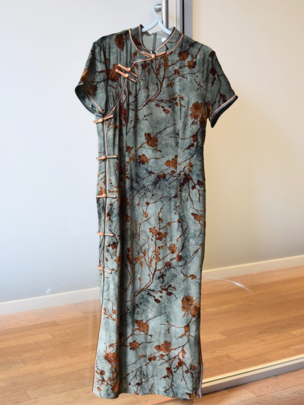 Green Brown Flocked Flora Qipao Long Dress - Chinese Traditional Cheongsam